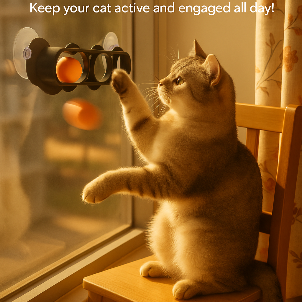 Cat playing with a window-mounted toy with text 'Endless Entertainment' and 'Shop Now' button.