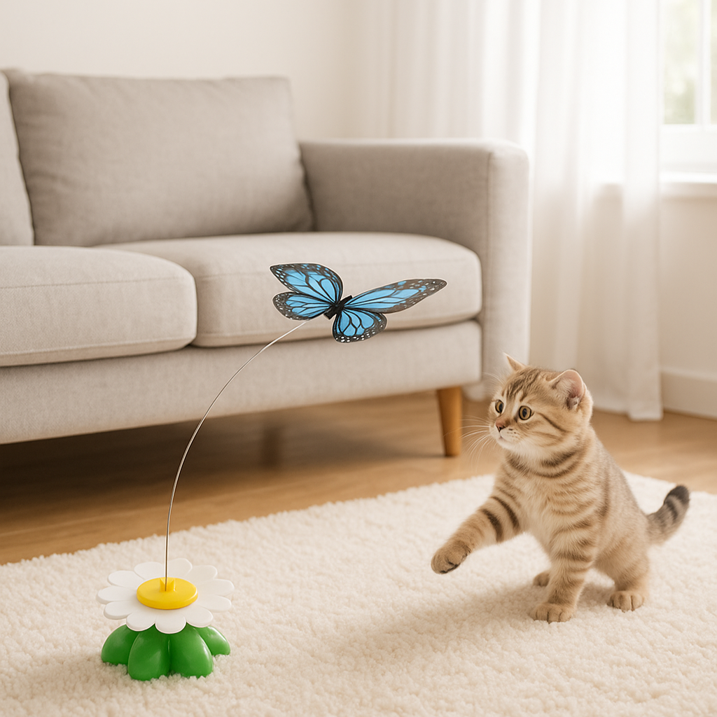 Cat playing with a toy butterfly on a carpeted floor with a couch in the background.