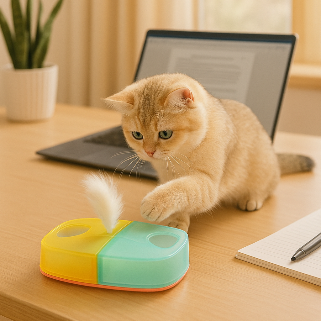 Cat playing with a toy on a desk with text promoting stress reduction for owners.