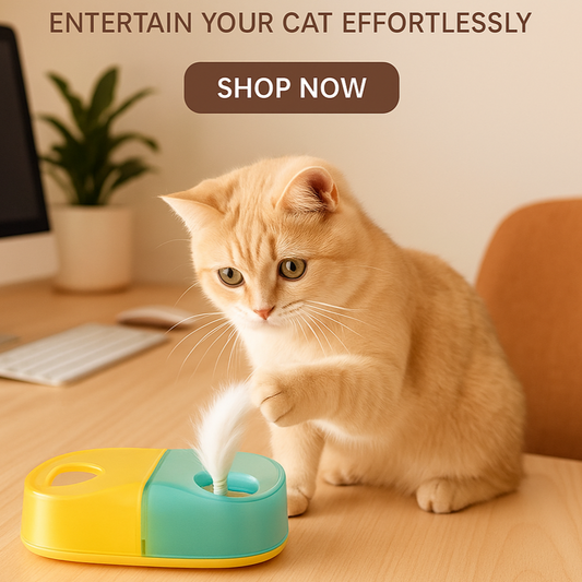 Cat playing with a toy on a desk with text promoting work stress relief and product shopping.