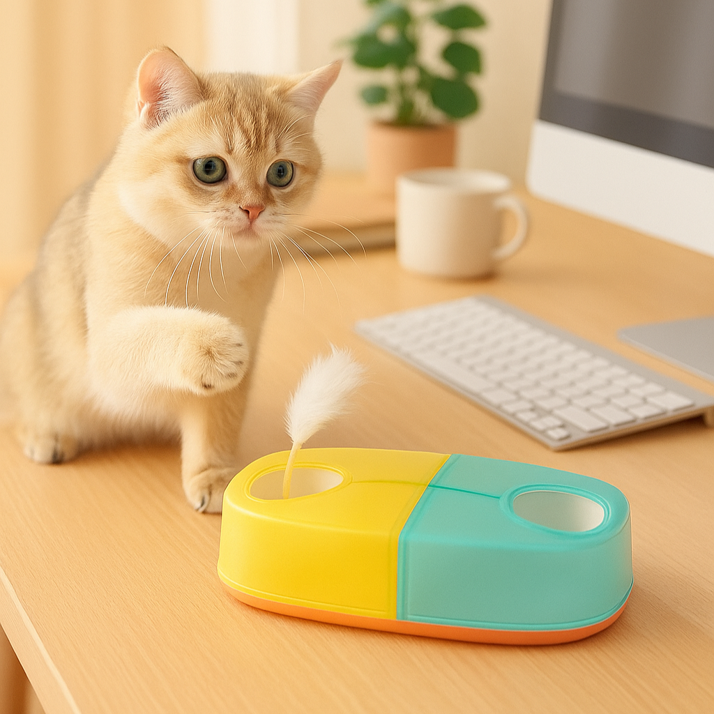Cat playing with a toy on a desk with text promoting reducing work stress.