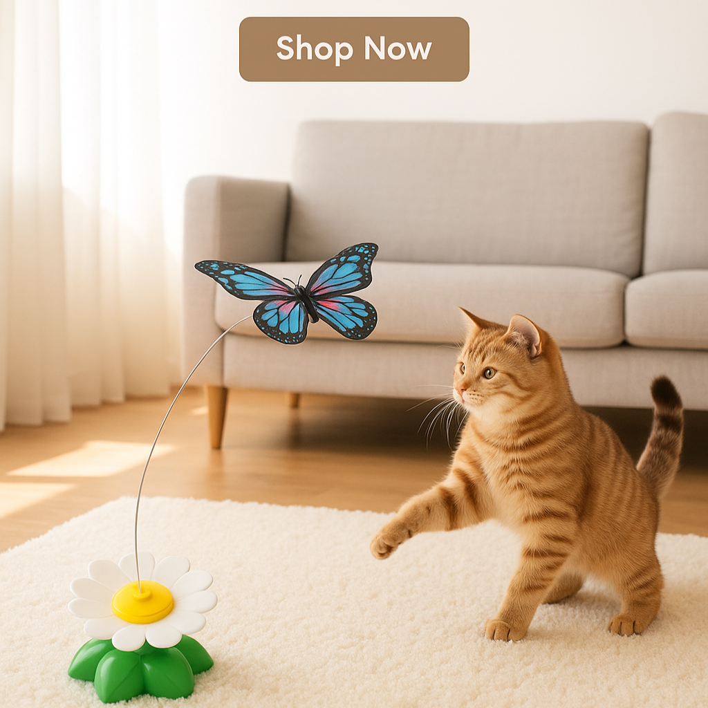 Cat playing with a toy in a living room with text 'Endless Cat Fun' and 'Shop Now' button.