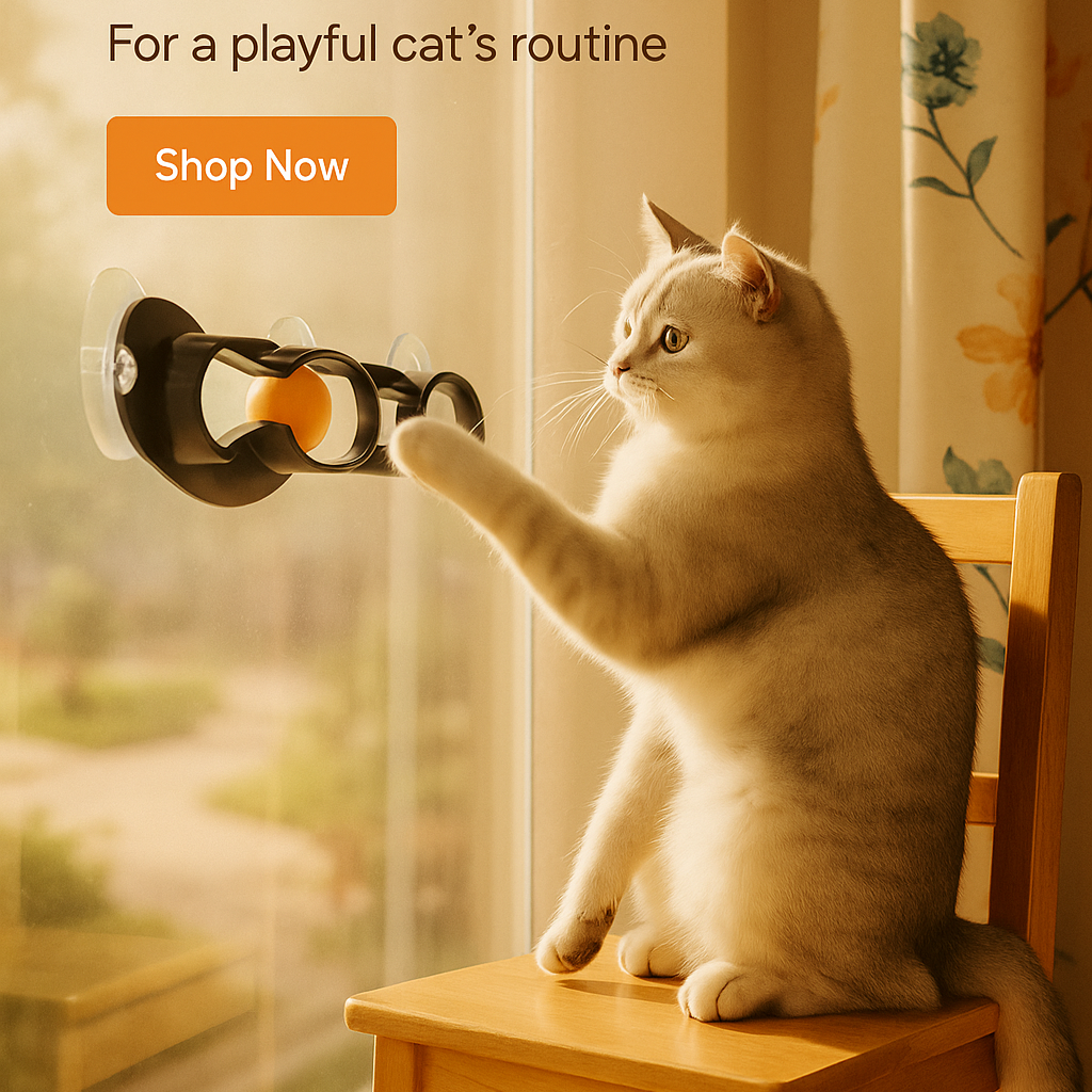 Cat playing with a toy on a chair next to a window, with text 'Endless entertainment For a playful cat's routine Shop Now'.