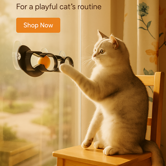 Cat playing with a toy on a chair next to a window, with text 'Endless entertainment For a playful cat's routine Shop Now'.