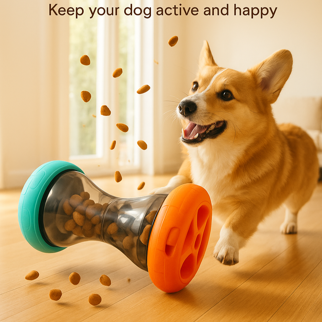 Dog playing with a toy that releases treats, with text encouraging play and snack time.