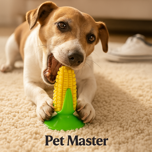 Dog chewing on a corn-shaped chew toy with text promoting a shoe shredding solution.