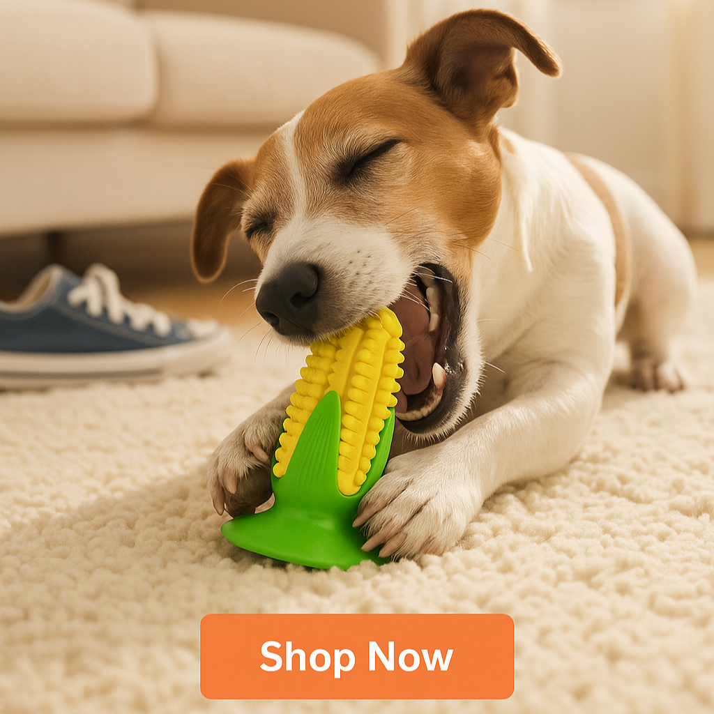 Dog playing with a corn-shaped chew toy on a carpeted floor.
