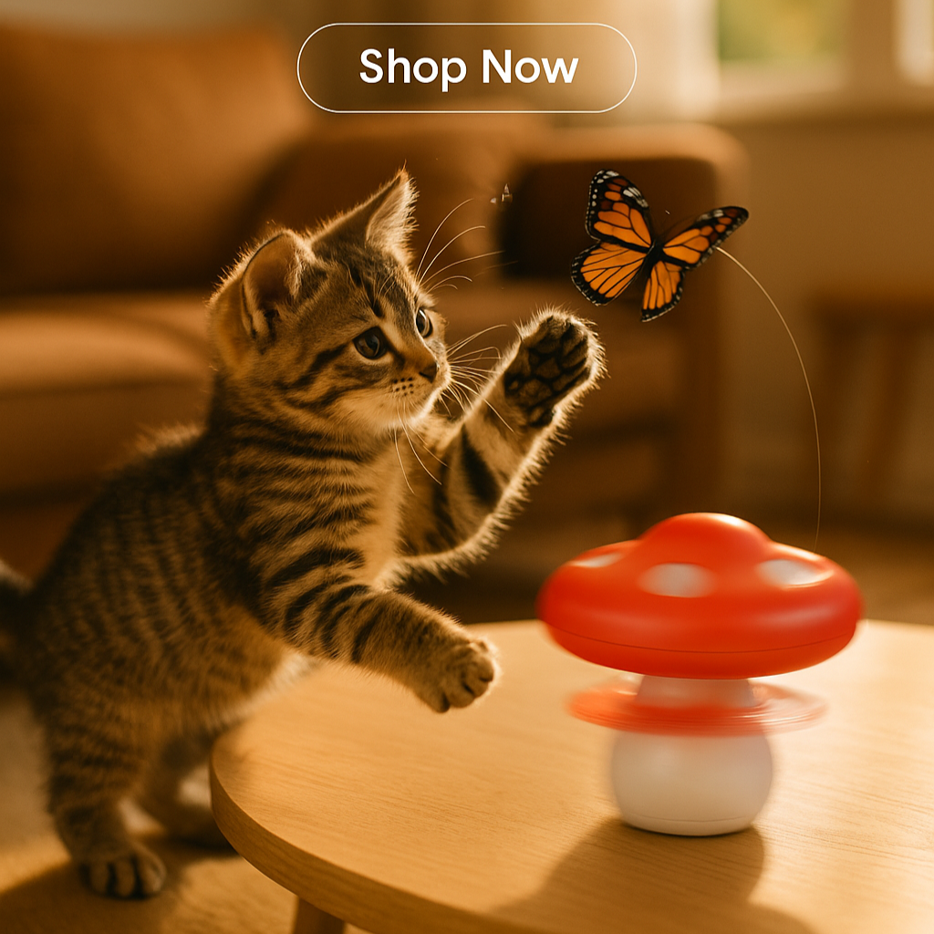 Kitten playing with a red mushroom-shaped toy on a table, with text promoting smart play for cats.