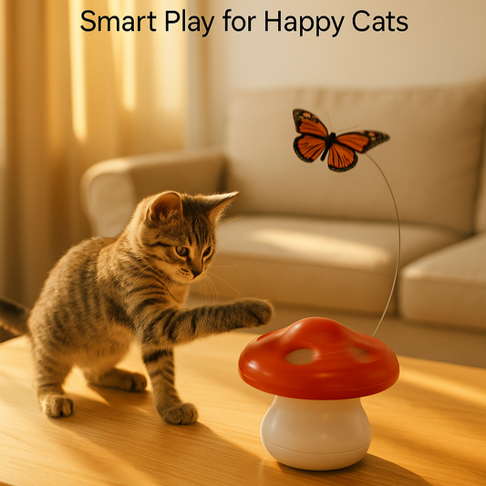 Cat playing with a red and white toy on a wooden floor, with text 'Unleash Endless Fun Smart Play for Happy Cats' and 'Shop Now' button.